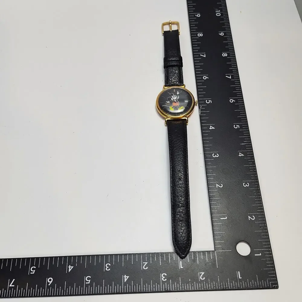 Vintage Mickey Mouse Pulsar Watch Gold Tone Black Dial Date